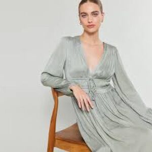 Current Air Beige Pleated V-Neck Dress